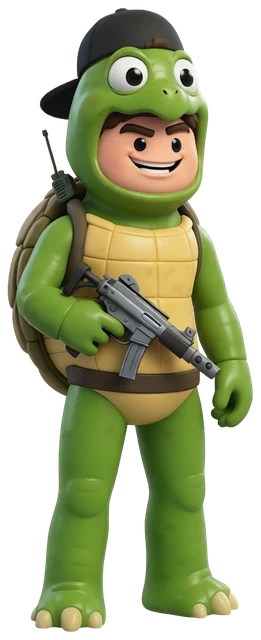 Cloakzy drawn as a skinny turtle in a backwards black cap, holding an SMG