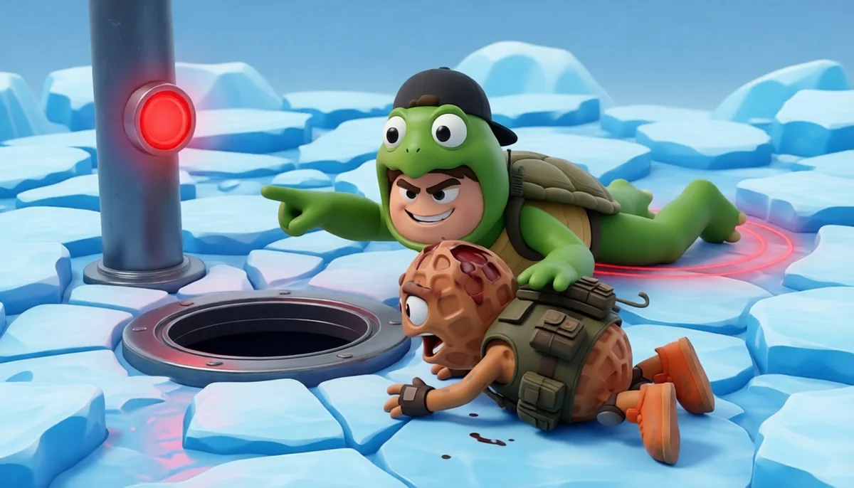 The burnt peanut and Cloakzy in his turtle costume, both downed on the ice beside an open escape hatch, Cloakzy pointing at the red button he could have pressed himself